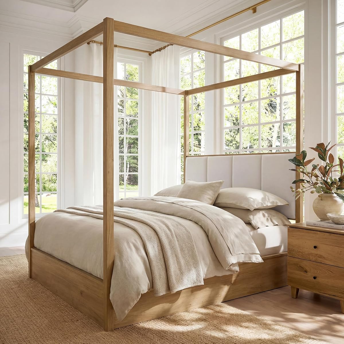 Wood Canopy Bed Frame Queen Size, Oak Bed w/Solid Wood Posters