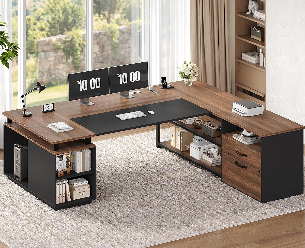 71" L Shaped Executive Desk, Large Office Desk with Lockable File Cabinet