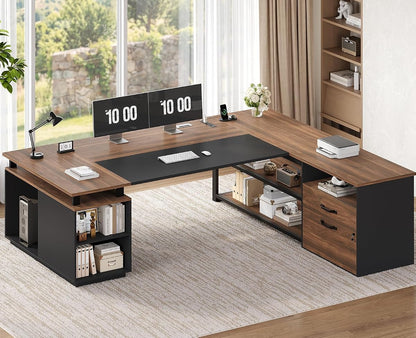71" L Shaped Executive Desk, Large Office Desk with Lockable File Cabinet