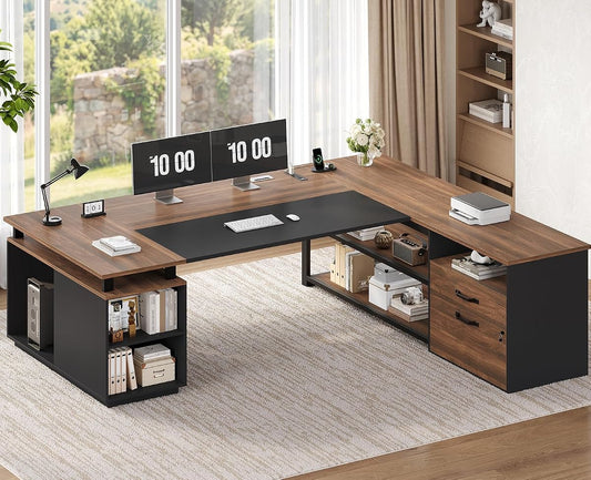 71" L Shaped Executive Desk, Large Office Desk with Lockable File Cabinet