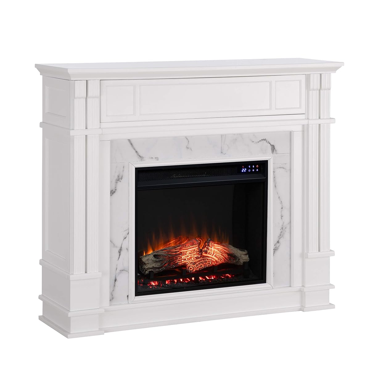 Highgate Faux Cararra Marble Touch Screen Electric Media Fireplace - White - Transitional Design, Glass and Wood - Ideal for Living Room, Bedroom (FR9322)