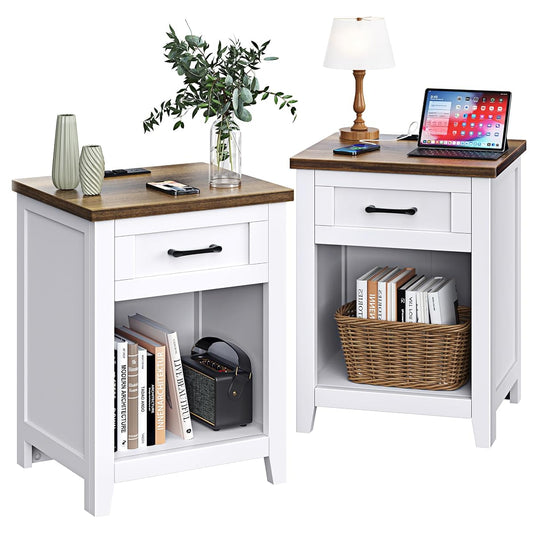 Farmhouse Nightstand with Charging Station & Large Storage