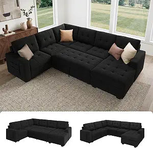 111.4'' Modular Sectional Sleeper Sofa with Pull Out Bed,Black, view 2
