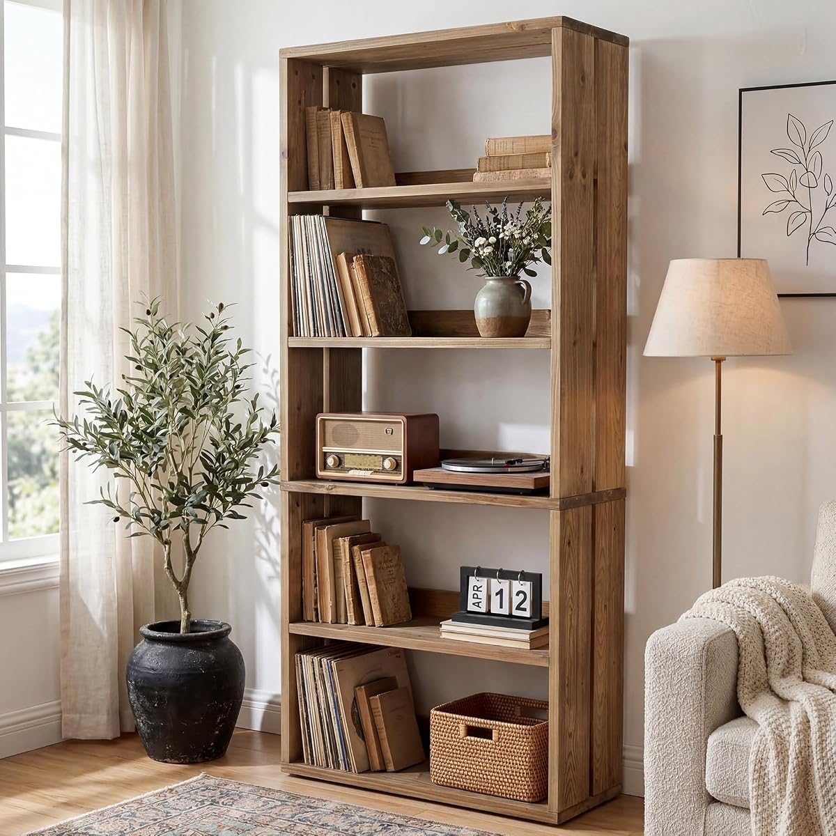 Solid Wood Bookshelf, 5-Tier Farmhouse Bookcase with Storage