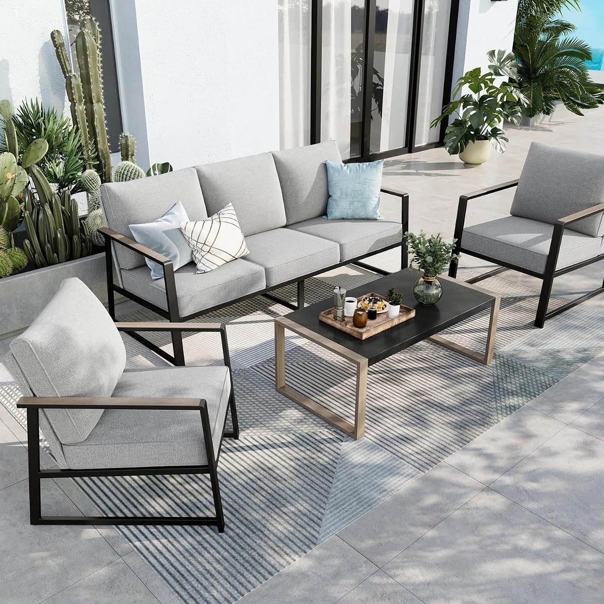 5 Seats Patio Furniture Sets, Olefin-Filled Textilene Fabric Backrest Outdoor Conversation Sets with Coffee Table, 4 Pieces Metal Frame Outdoor Sectional Sofa Sets for Garden, Backyard(Grey)