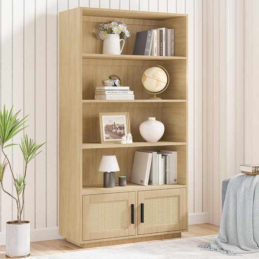 GAOMON Boho Bookcase with Rattan Doors, 5 Tier Bookshelf, Wooden Bookcase and Bookshelf with Storage, Tall Book Stand, Large Bookshelf for Living Room, Bedroom, Home Office, Kitchen