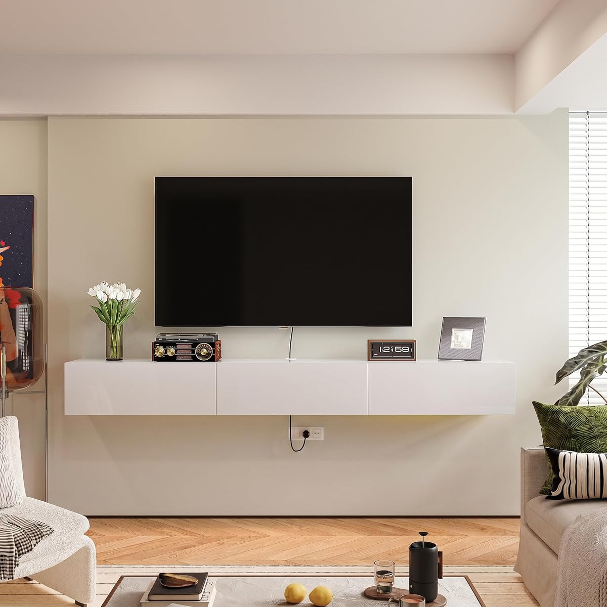 47'' Floating TV Stand,High Gloss Wall Mounted TV Console,White