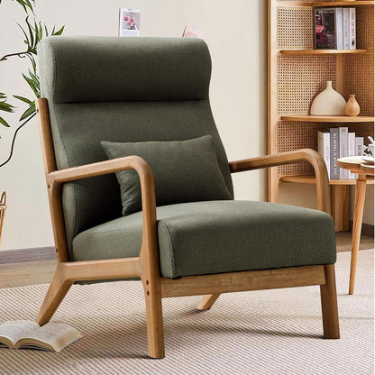 Mid Century Modern Accent Chair with High Back, Upholstered Living Room Chairs with Waist Cushion, Wood Frame Reading Armchair for Bedroom Sunroom, Green