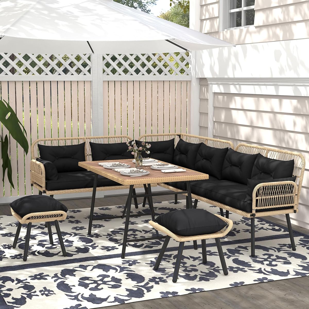 L-Shaped Patio Furniture Set, All-Weather Rattan Outdoor Conversation Sofa with Soft Cushions, Ottomans & Plastic Wood Dining Table for Backyard Deck, Light Brown + Black