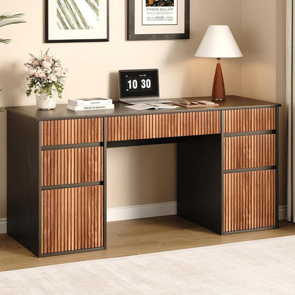 Desk with Drawers, 58 Inch Executive Office Desk with File Drawer, Black