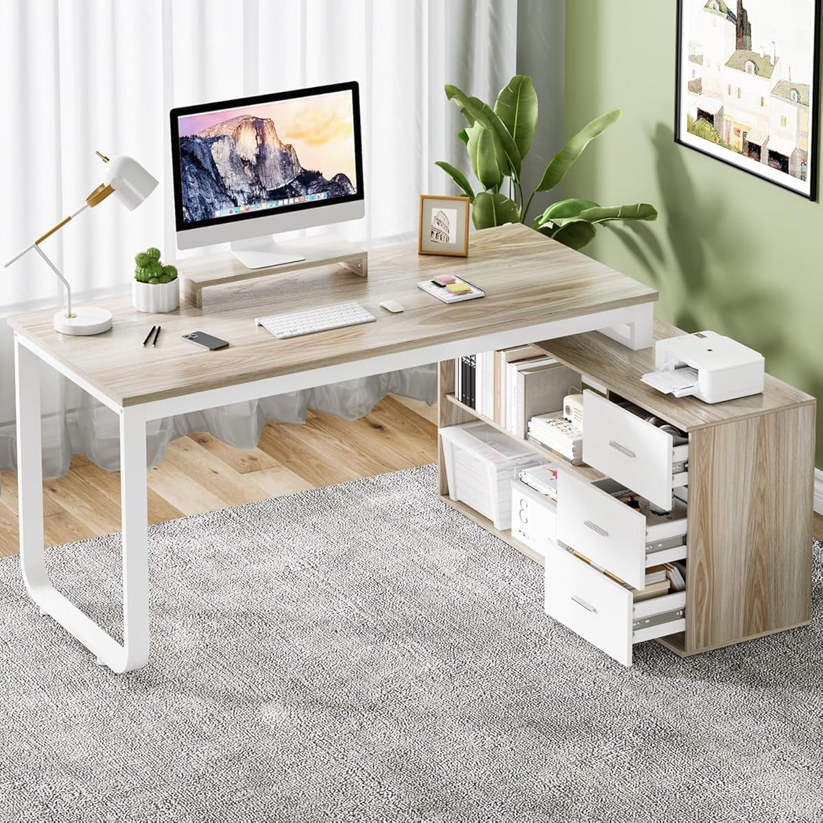 55" L Shaped Desk with Drawers and Shelves, Home Office Desk with Monitor Stand for Work Writing Study, Reversible Corner Desk with Storage, White and Walnut