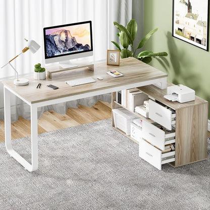 55" L Shaped Desk with Drawers and Shelves, Home Office Desk with Monitor Stand for Work Writing Study, Reversible Corner Desk with Storage, White and Walnut