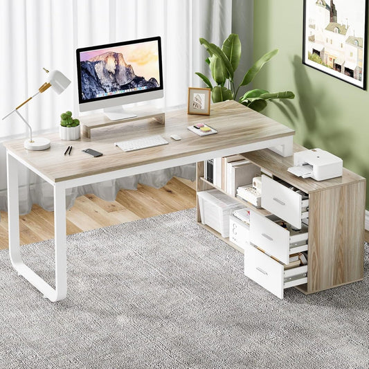 55" L Shaped Desk with Drawers and Shelves, Home Office Desk with Monitor Stand for Work Writing Study, Reversible Corner Desk with Storage, White and Walnut