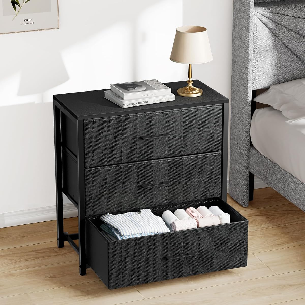 Nightstand with 3 Fabric Drawers, Storage Dresser,Black