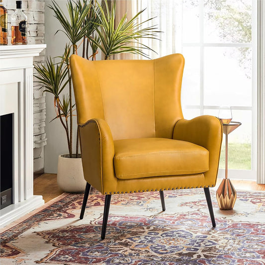 Faux Leather Accent Chair with Removable Cushion, Comfy Upholstered Armchair with Black Metal Legs & Nailhead Trim Wingback Vanity Chair for Reading Living Room Bedroom, Yellow