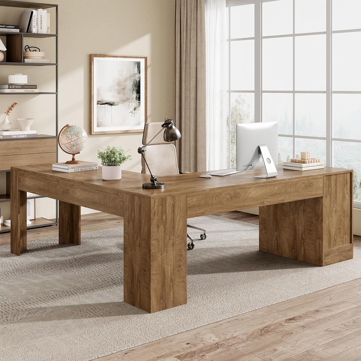 83" L Shaped Desk with Drawers & Cabinet, Modern Executive Desk