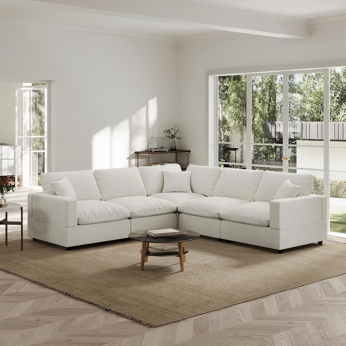 Modern Sectional Linen Couch for Living Room V-Shape Sofas,5 Seat Modular Cloud Sofas,Couches Cushion Covers Removable,Cozy Feather Down Sofa for Apartment Cream White