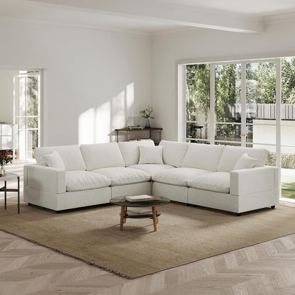 Modern Sectional Linen Couch for Living Room V-Shape Sofas,5 Seat Modular Cloud Sofas,Couches Cushion Covers Removable,Cozy Feather Down Sofa for Apartment Cream White