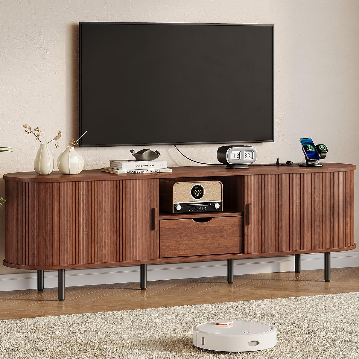 TV Stand with Power Outlet, Fluted Wood
