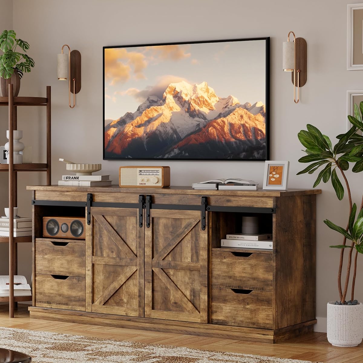 58" Farmhouse TV Stand for TVs up to 65", 4 Drawers, Barnwood