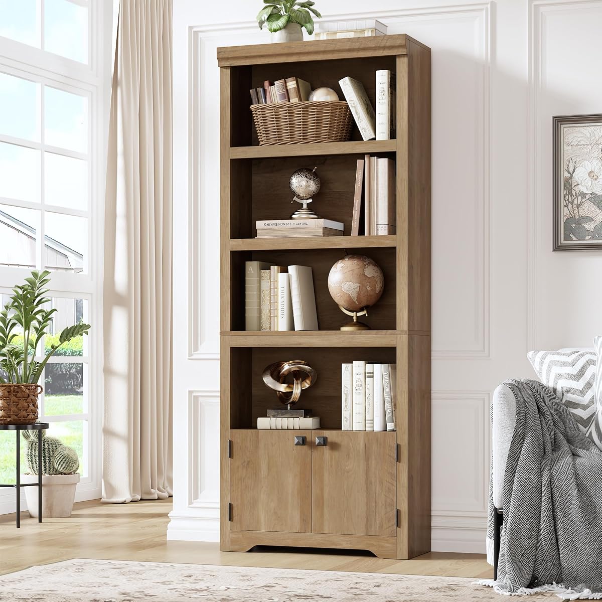 5 Tier Bookshelf, 69'' Tall Farmhouse Bookcase with 2 Doors & Adjustable Shelves