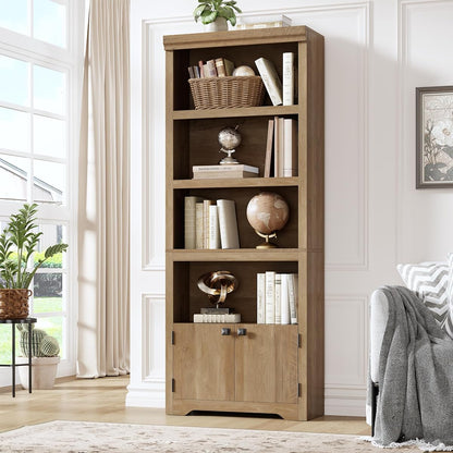 5 Tier Bookshelf, 69'' Tall Farmhouse Bookcase with 2 Doors & Adjustable Shelves