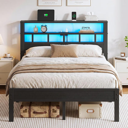 Full Size Wooden Bed Frame with Lights