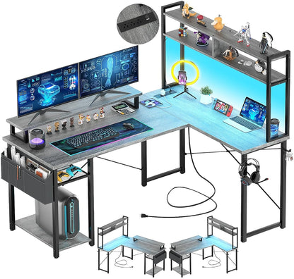 Small L Shaped Desk Gaming Desk with LED Lights & Power Outlets