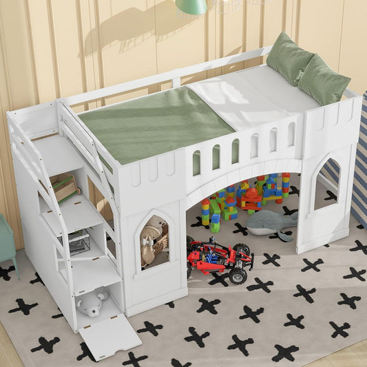 Twin Size Loft Bed with Storage Staircase and Window, White