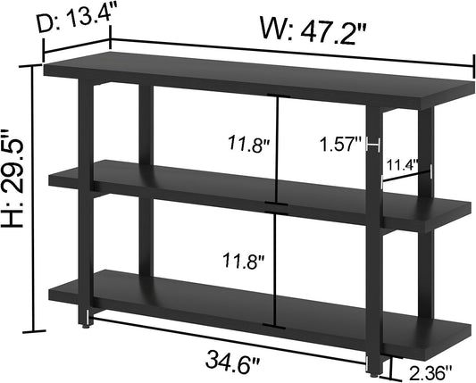 Black Entryway Table, Modern Console Tables with 3 Tier Storage Shelves for Living Room, Wood and Metal Sofa Table for Hallway, Entrance, or behind Couch, 47 Inch