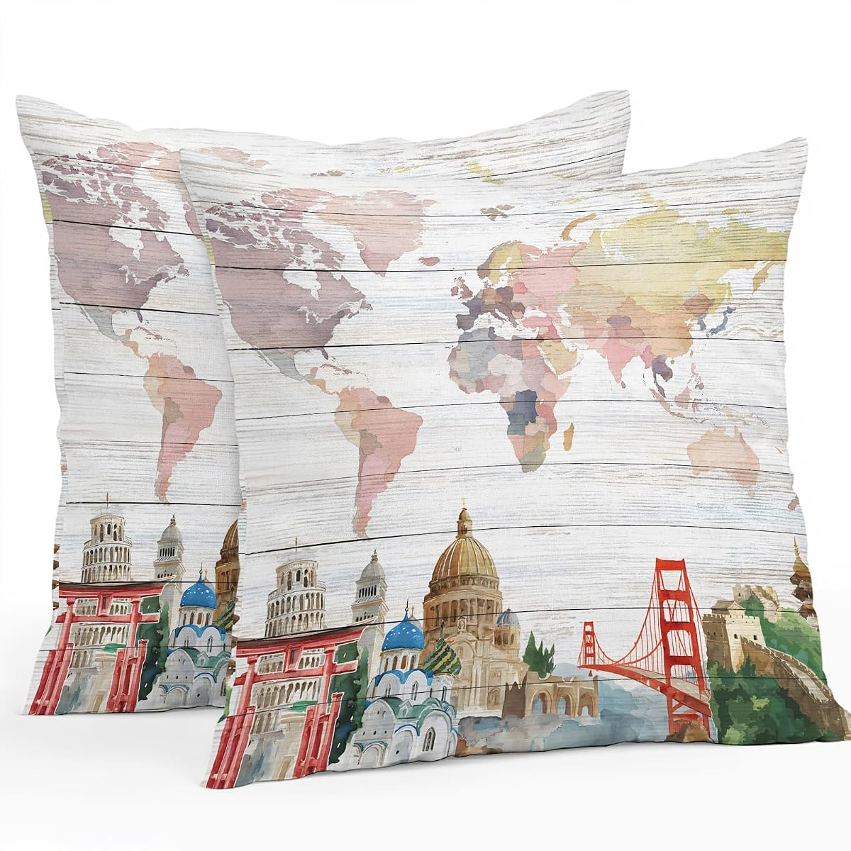 World Map Waterproof Outdoor Pillow Covers Set of 2 Home Decor, Famous Building Tourism Bridge Wood Grain Pillowcase Patio Pillow Covers for Couch Bench Patio Furniture Garden 24x24in
