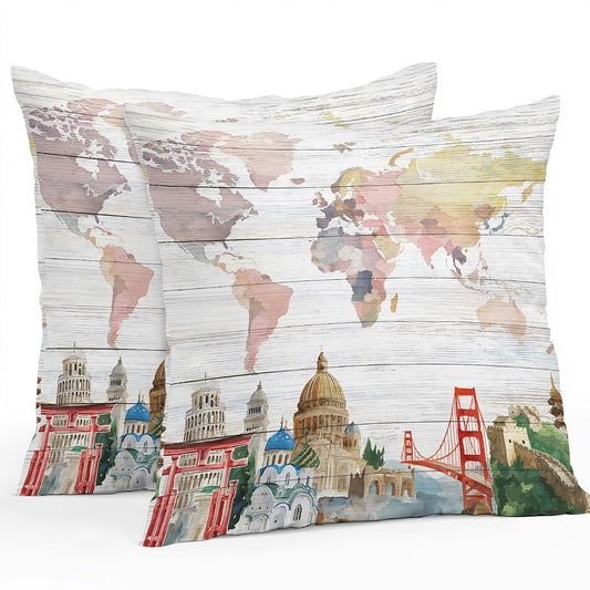 World Map Waterproof Outdoor Pillow Covers Set of 2 Home Decor, Famous Building Tourism Bridge Wood Grain Pillowcase Patio Pillow Covers for Couch Bench Patio Furniture Garden 24x24in