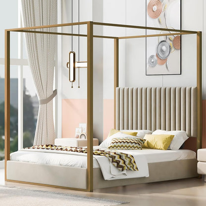 Modern 4-Poster Canopy Platform Bed Queen Size with Channel Upholstery Tufted