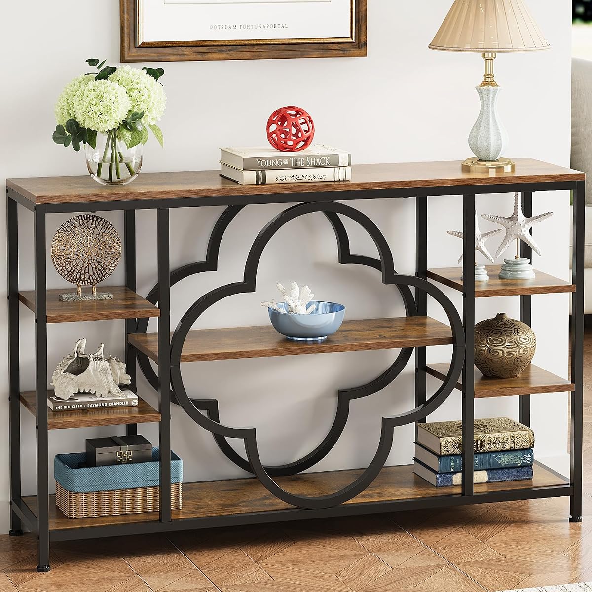 47" Farmhouse Console Tables for Entryway Retro Sofa Table Behind Couch Open Display Storage Shelves for Foyer, Hallway, Front Door,Living Room,Elegant Four-Leaf Clover (Rustic Brown, 47")