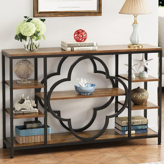 47" Farmhouse Console Tables for Entryway Retro Sofa Table Behind Couch Open Display Storage Shelves for Foyer, Hallway, Front Door,Living Room,Elegant Four-Leaf Clover (Rustic Brown, 47")