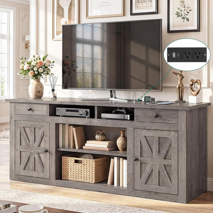Farmhouse TV Stand with Storage Cabinets for 65" TV, Washed Gray