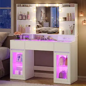 Transparent Top Vanity Desk with LED Lights, 3 Drawers, 2 Cabinets, view 2