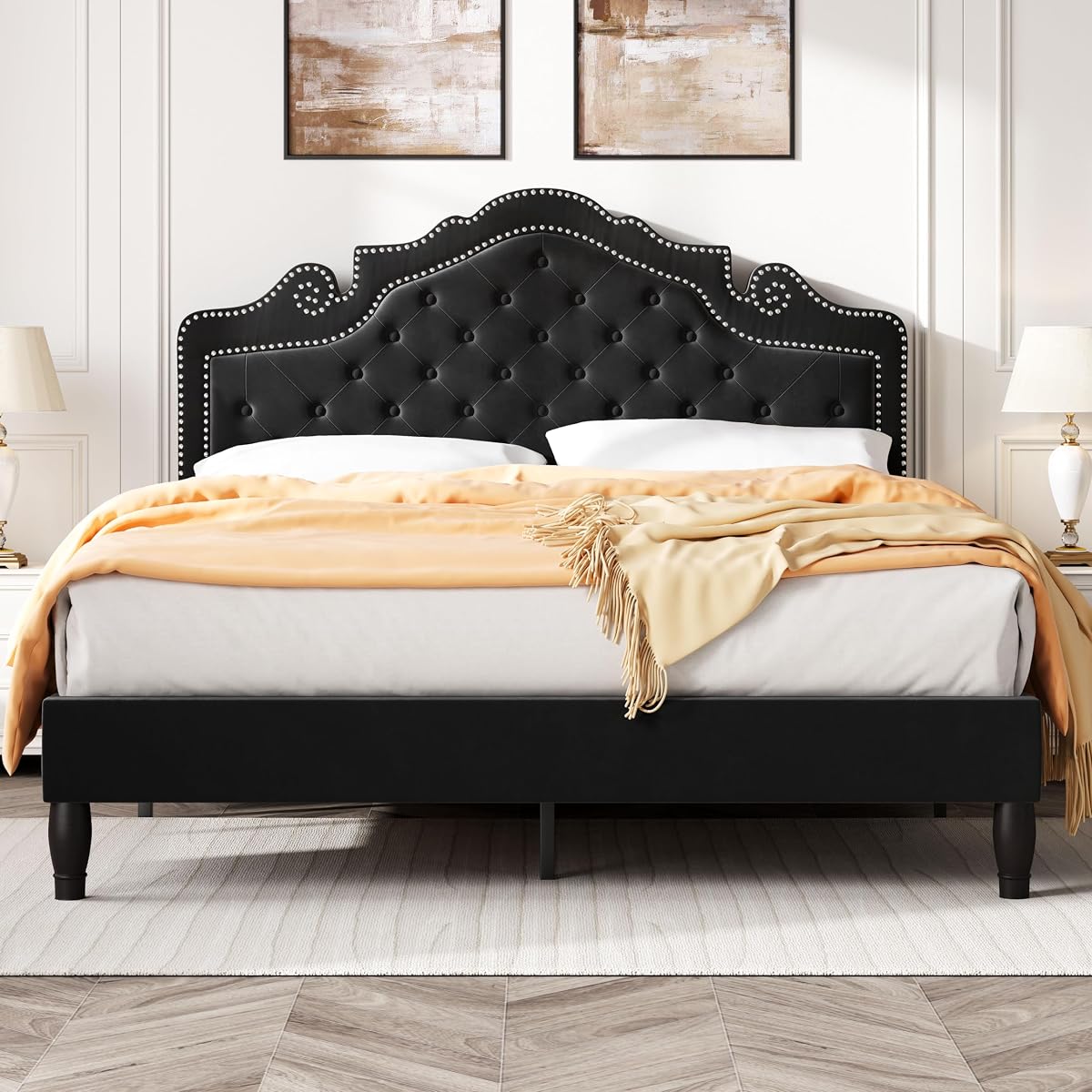 Queen Bed Frame with Adjustable Headboard/Velvet Upholstered/Diamond Button