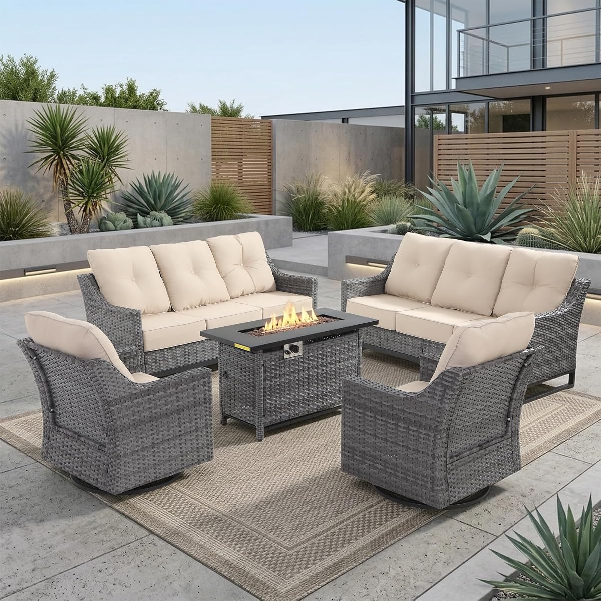 5 Piece Patio Furniture Set with Fire Pit, Grey Wicker Outdoor Conversation Set with 2 Swivel Rocker Chairs, 2 Sofas and Rectangular 60,000 BTU Fire Pit Table, Beige Covers for Patio