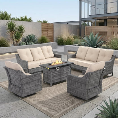 5 Piece Patio Furniture Set with Fire Pit, Grey Wicker Outdoor Conversation Set with 2 Swivel Rocker Chairs, 2 Sofas and Rectangular 60,000 BTU Fire Pit Table, Beige Covers for Patio