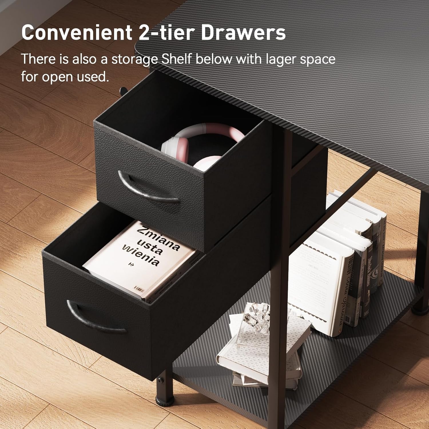 Gaming Desk with Drawers, Carbon Fiber Style L Shaped Computer Desk Compatible with Monitor Arm Corner Desk Gaming Table for Home Office Desks, Easy to Assemble Adjustable Shelf Height