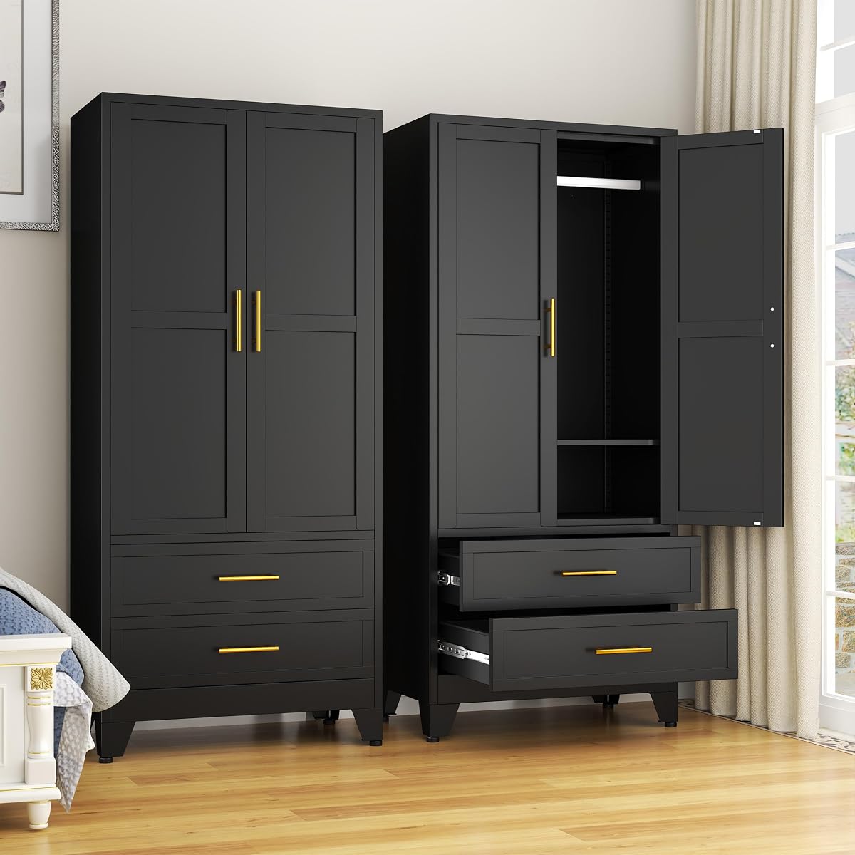 Metal Wardrobe Cabinet with 2 Drawers, 71" Clothing Storage Cabinets