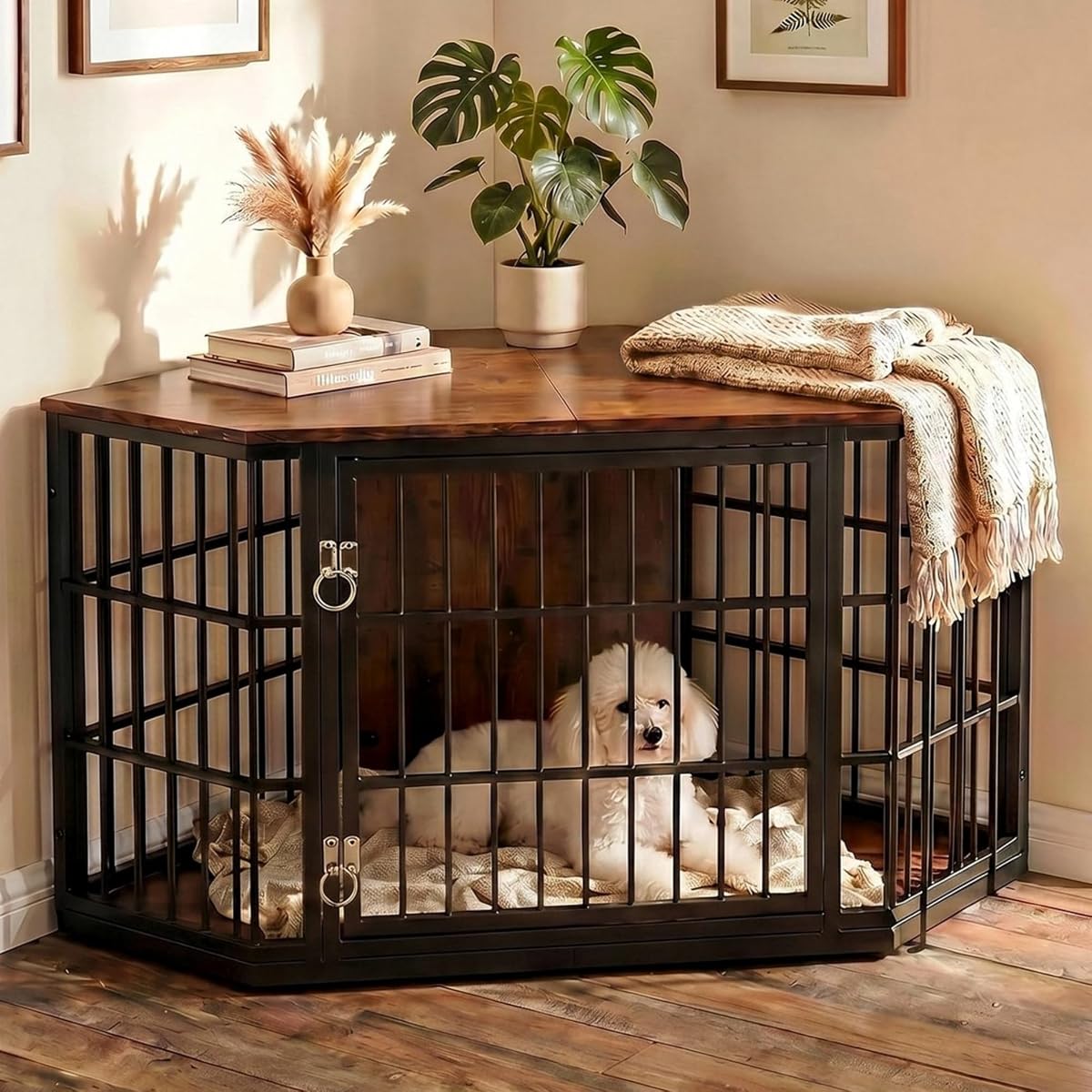 52 Inch Dog Crate Furniture Corner for Large Dogs, Brown