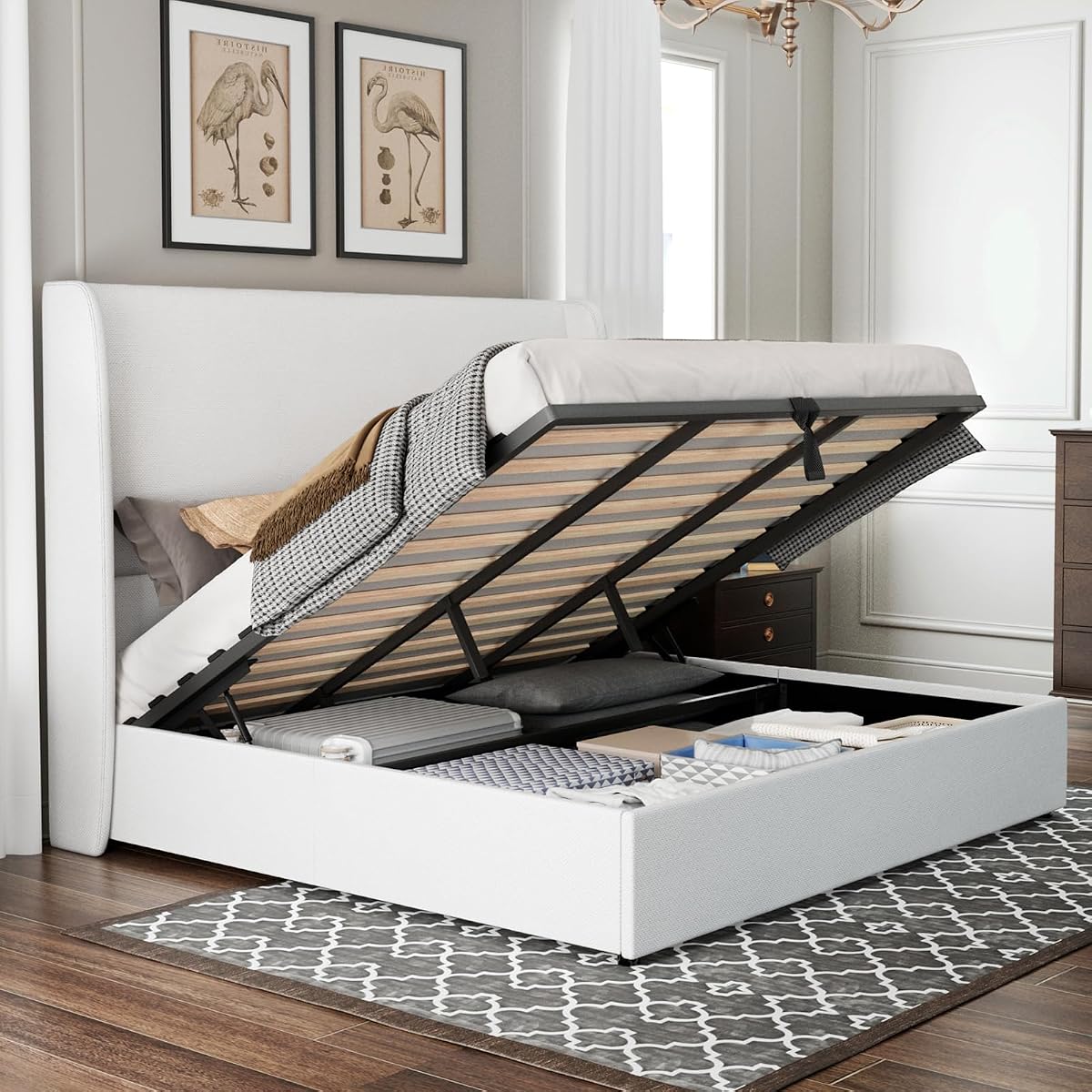King Lift Up Storage Bed Frame, Linen Wingback Headboard, White