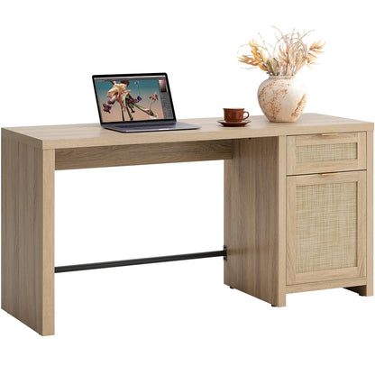 Rattan Home Office Desk with Drawer, 59" Farmhouse Boho Executive Desk with Storage Cabinet, Large Computer Writing Table Vanity Desk for Office, Study, Living Room, Light Oak