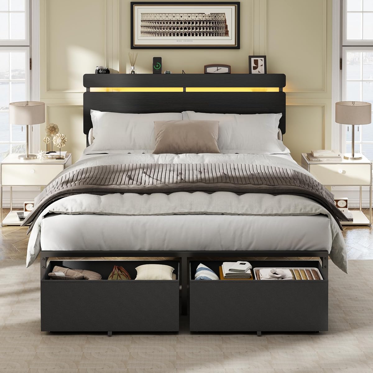 Full Size Bed Frame with Wood Headboard,2 Storage Drawers & Shelf
