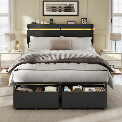Full Size Bed Frame with Wood Headboard,2 Storage Drawers & Shelf
