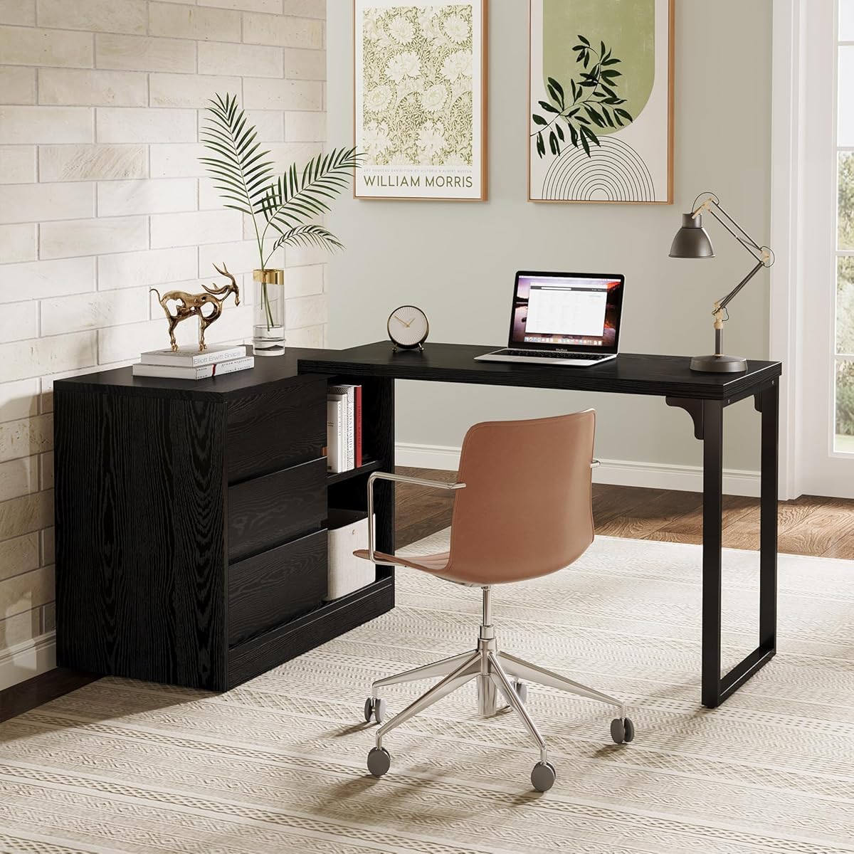 Tribesigns L-Shaped Computer Desk with Drawers and Shelves, Reversible Corner Office Desk with Storage Cabinet, Modern Study Writing Table for Home Office, Bedroom (Black)