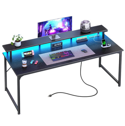 55 inch Gaming Desk, LED & Power Outlets, Monitor Stand, Black