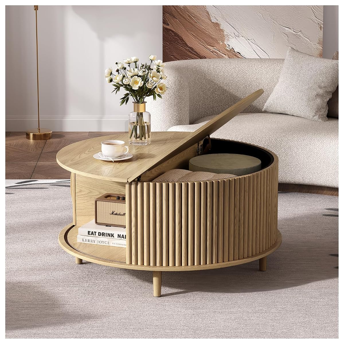 Round Coffee Table with Storage, 31.5" Natural Oak Drum Table for Small Space, Fluted Wood Center Table with Hidden Compartment, Modern Farmhouse Furniture for Living Room Organization
